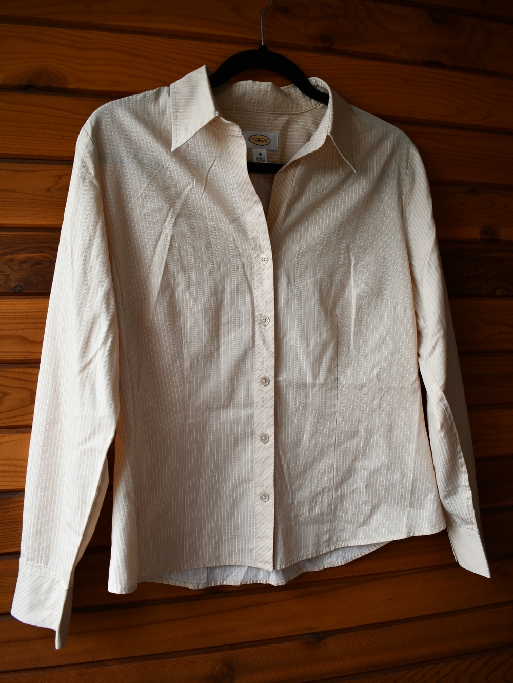 Vintage 90s Talbots Pinstriped Preppy Button Up Womens Beige 100% Cotton